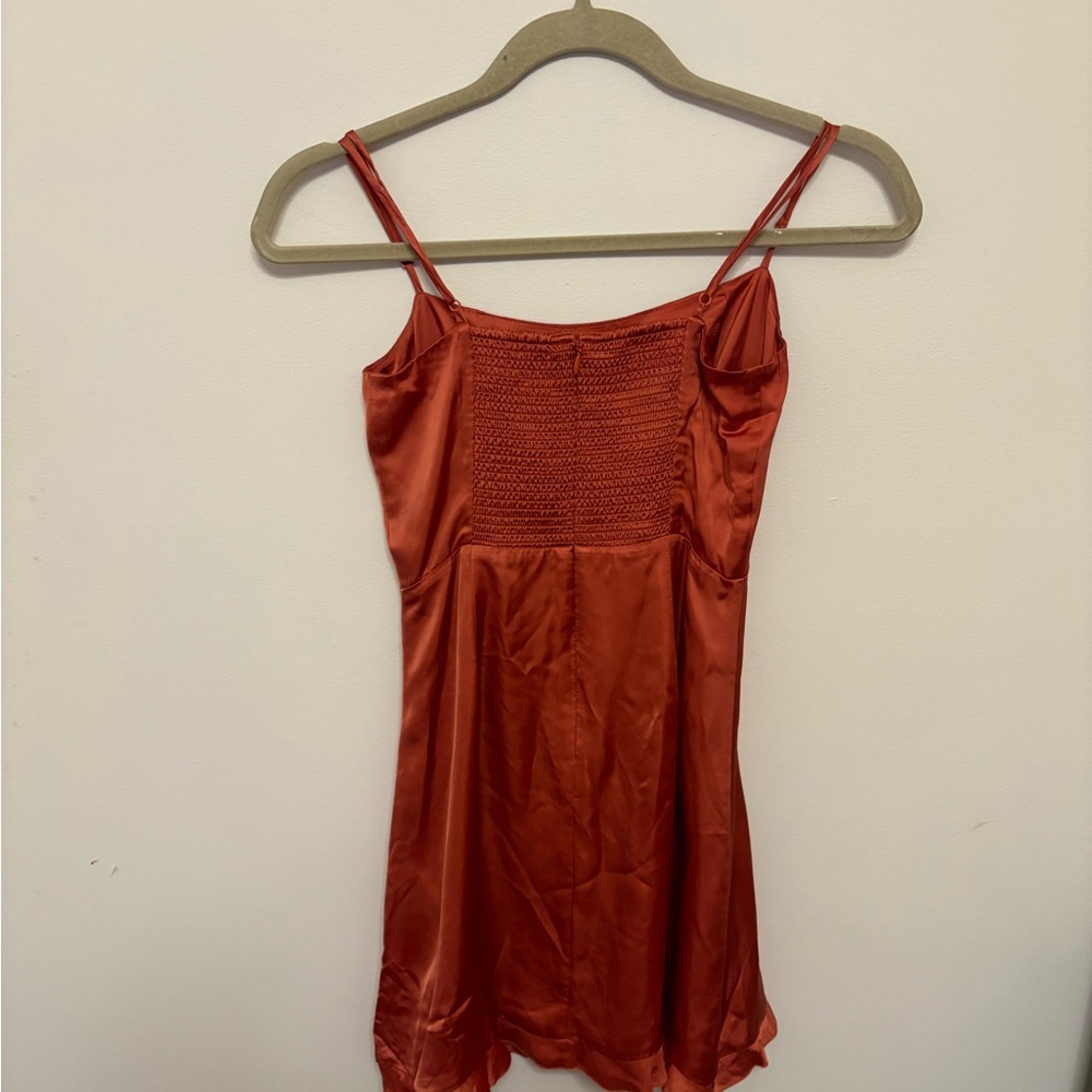 Wilfred Aritzia Only Mini Dress - Rust Copper 100% Cupro Smocked Back - Size 00 - Picture 3 of 6